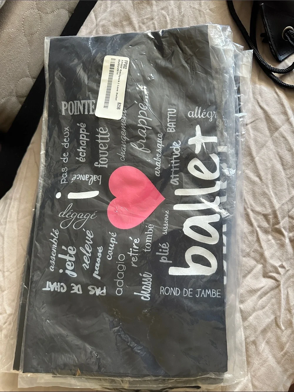 New in plastic Ballet Drawstring Gym Bag - Black with Pink Heart lightweight